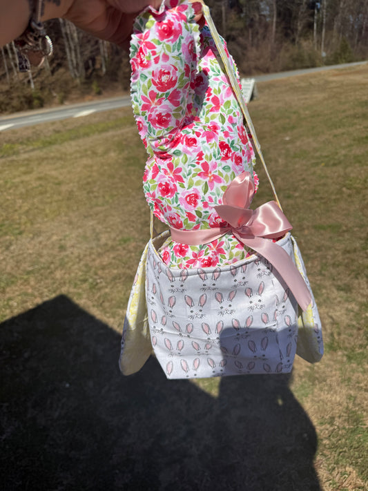 Pink floral bunny basket set