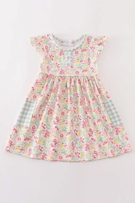 Green plaid floral dress